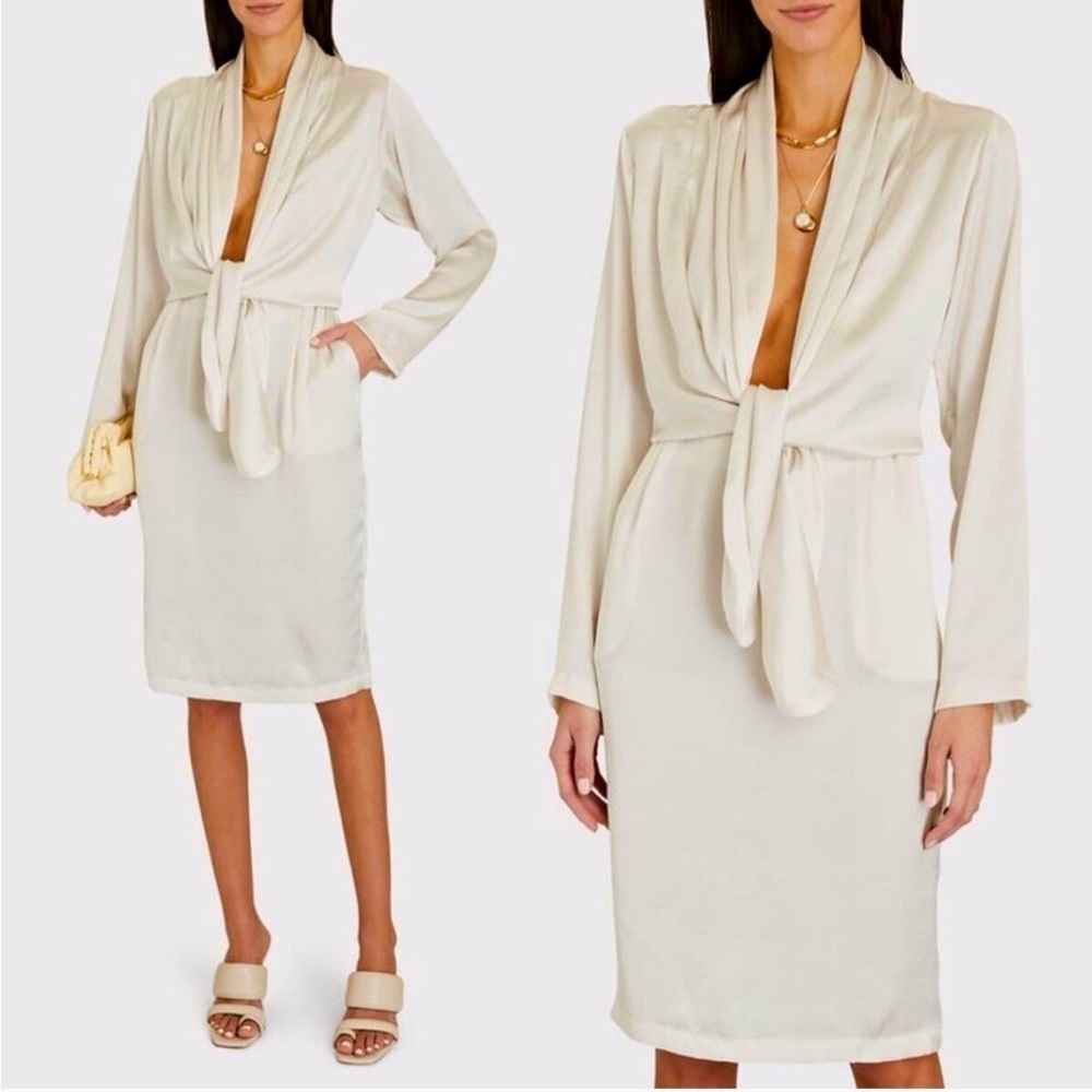 Overlover Betty Satin Dress Ivory Color Tie Front Detail Deep V-Neck Sz S